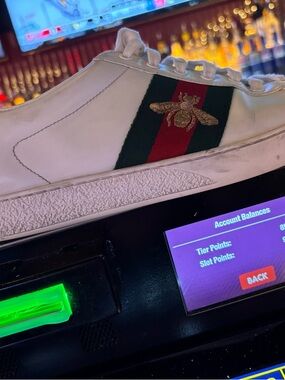 Gucci White Leather Sneaker with Green & Red Web and Gold Bee Embroidery